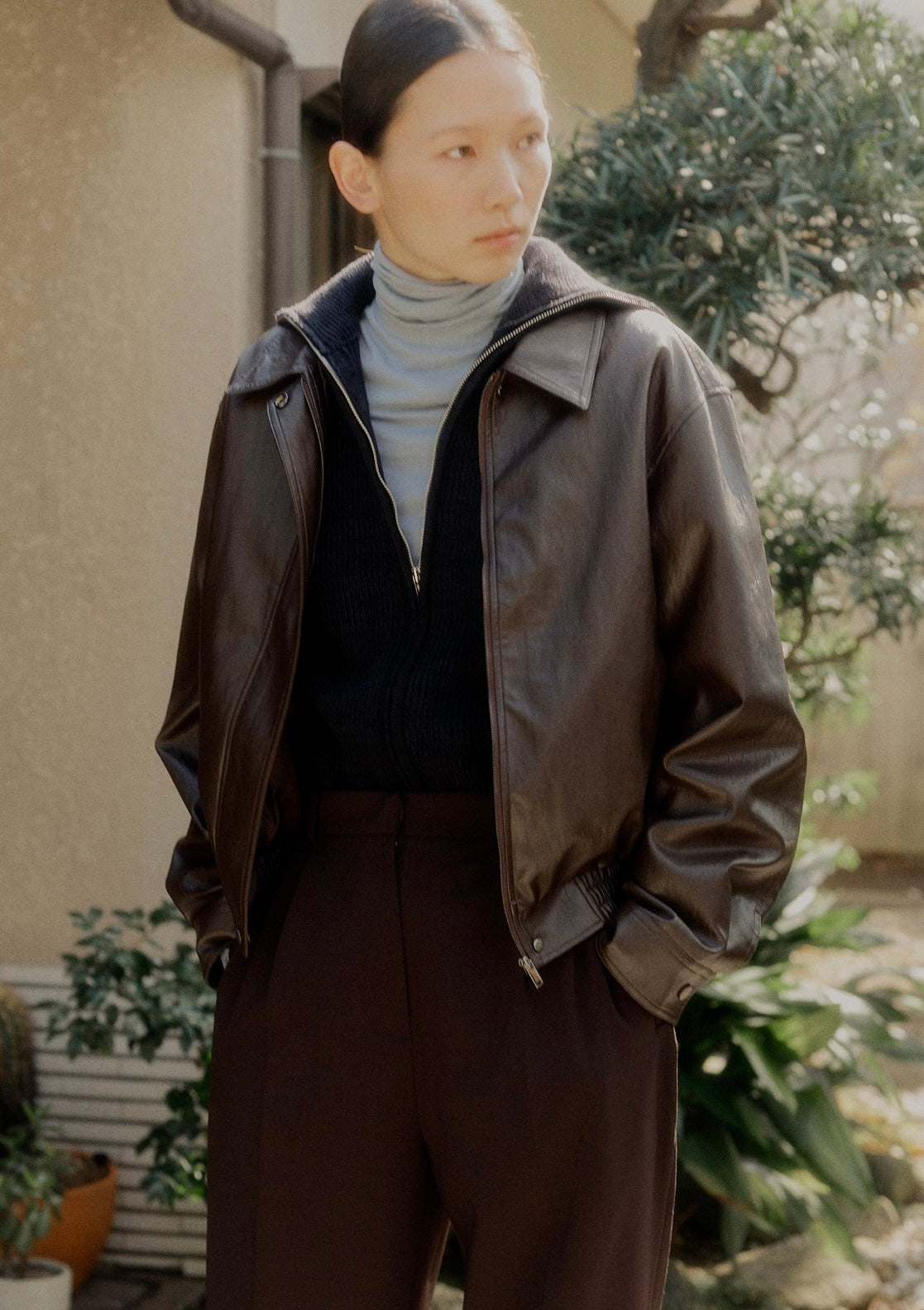 Vegan Leather Blouson, Brown