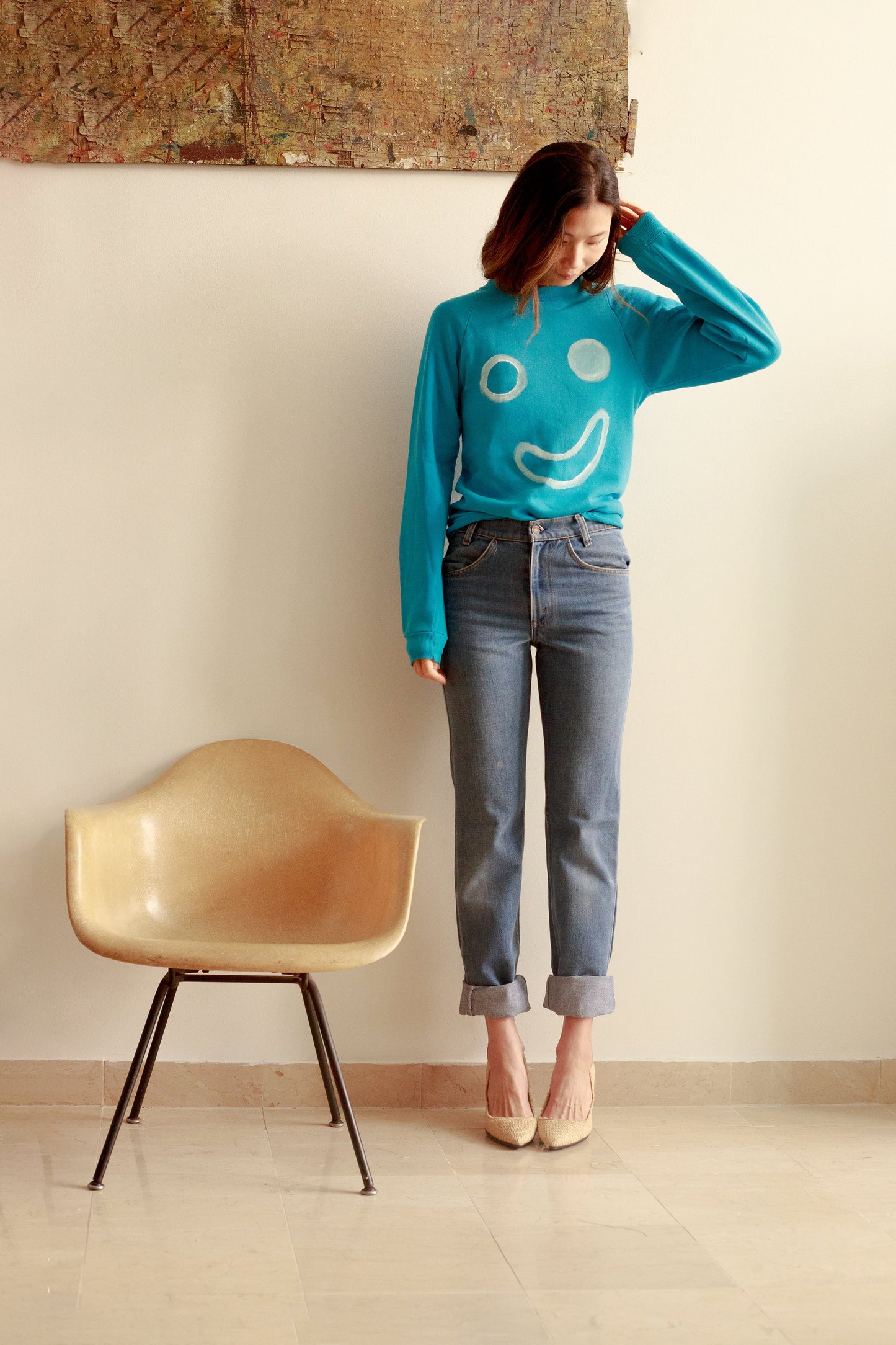 Vintage Smile Sweatshirt in Soft Turquoise